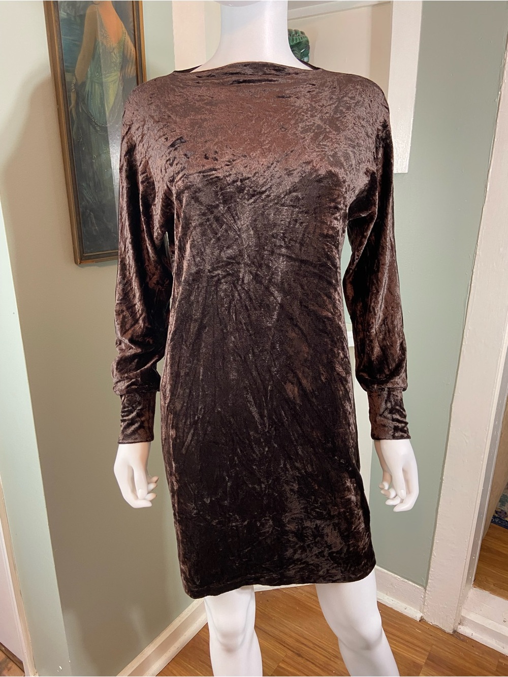 Majestic Filatures Brown Crushed Velvet Stretch Long-Sleeve Mini Dress Small S
